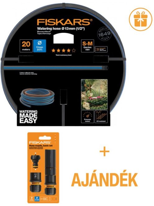 Fiskars Locsolótömlő, 13 mm (1/2"), 20 m Q4 + AJÁNDÉK ÖNTÖZŐ ALAPKÉSZLET