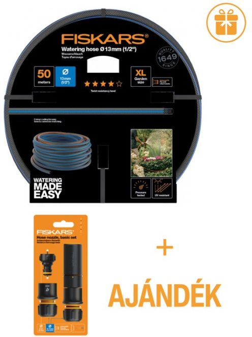 Fiskars Locsolótömlő, 13 mm (1/2"), 50 m Q4 + AJÁNDÉK ÖNTÖZŐ ALAPKÉSZLET