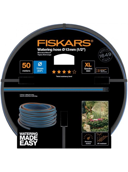 Fiskars Locsolótömlő, 13 mm (1/2"), 50 m Q4 + AJÁNDÉK ÖNTÖZŐ ALAPKÉSZLET
