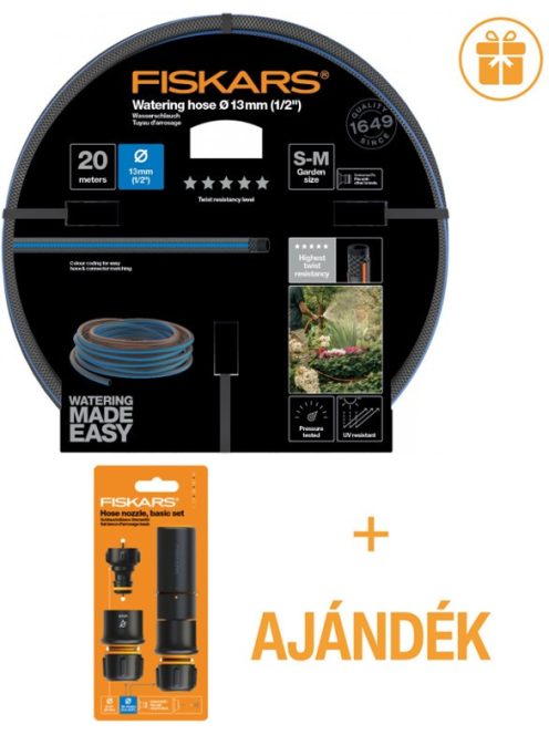 Fiskars Locsolótömlő, 13 mm (1/2"), 20 m Q5 + AJÁNDÉK ÖNTÖZŐ ALAPKÉSZLET