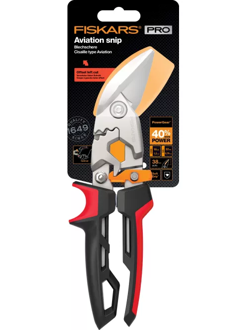 Fiskars PRO PowerGear™ Aviation lemezvágó olló offset, bal (1027211)