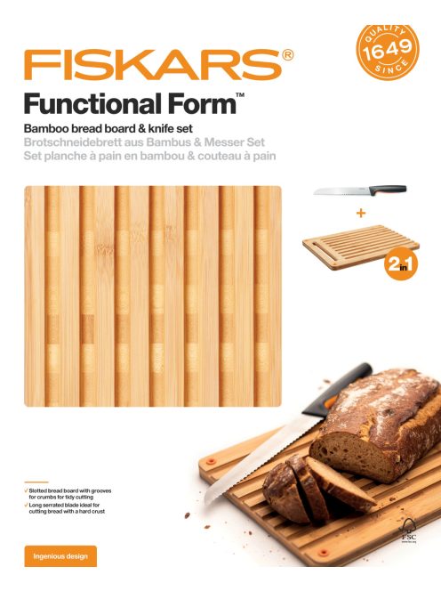 Fiskars Functional Form Bambusz vágódeszka és kenyérvágó kés készlet (1057551)