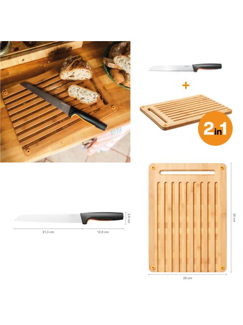 Fiskars Functional Form Bambusz vágódeszka és kenyérvágó kés készlet (1057551)