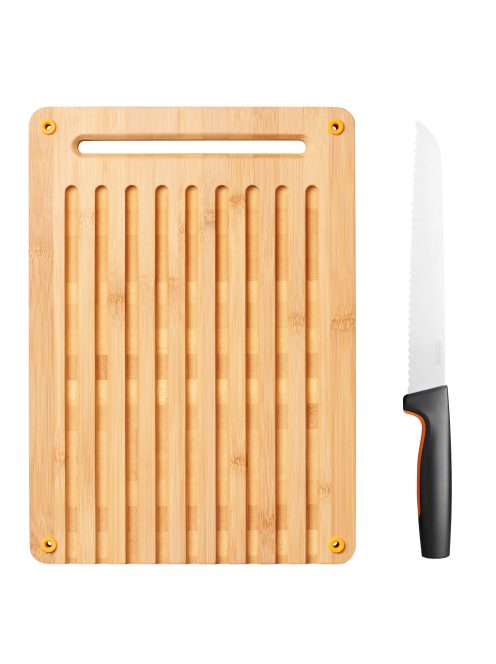 Fiskars Functional Form Bambusz vágódeszka és kenyérvágó kés készlet (1057551)