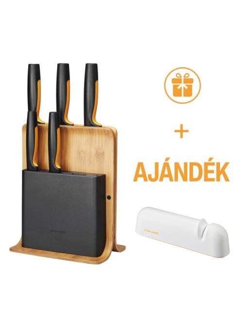 Fiskars Functional Form Késblokk bambusz 5 késes + AJÁNDÉK KÉSÉLEZŐ