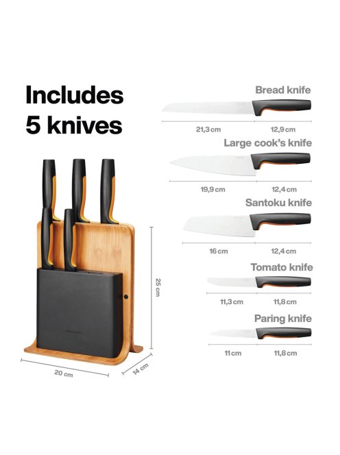 Fiskars Functional Form Késblokk bambusz 5 késes + AJÁNDÉK KÉSÉLEZŐ