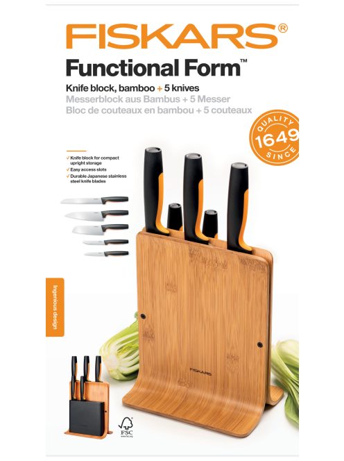 Fiskars Functional Form késkészlet 5 késsel, bambusz késtartóval (1057552)