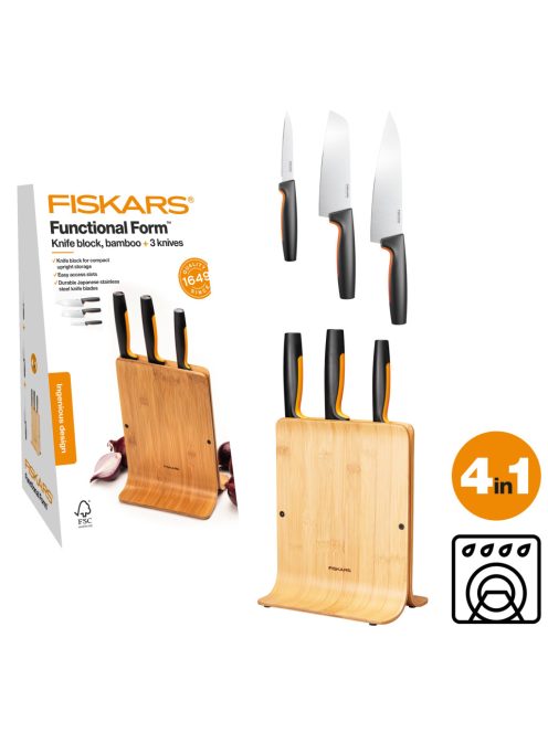 Fiskars Functional Form késkészlet 3 késsel, bambusz késtartóval (1057553)