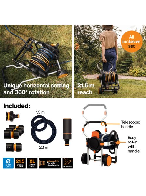 Fiskars Manuális tömlőkocsi XL, kerékkel, tartozékokkal és 20 m 1/2 "-os tömlővel