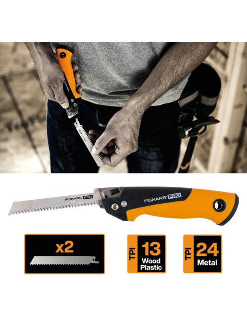 Fiskars PRO Powertooth™ Compact összecsukható fűrész, 2 pengével (1062934)