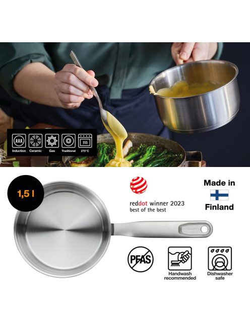 Fiskars All Steel Nyeles lábas, 1,5 L, fedővel, rozsdamentes acél - 25 év garanciával