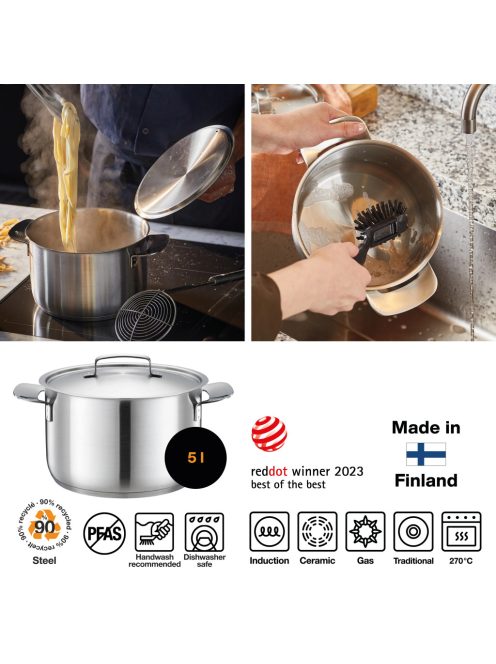 Fiskars All Steel Lábas, 5 L, fedővel, rozsdamentes acél - 25 év garanciával