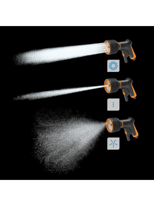 Fiskars Comfort locsolópisztoly, 3-funkciós, markolatvezérlésű
