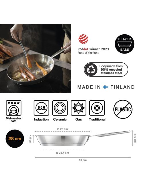 Fiskars All Steel Pure serpenyő, 28 cm, rozsdamentes acél - 25 év garanciával