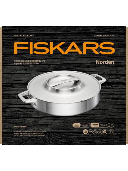 Fiskars Norden prémium acél sütőedény, fedővel, 28 cm, kerámiabevonatos - 25 év garanciával (1067635)