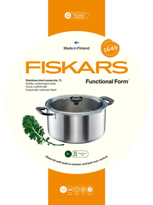 Fiskars Functional Form™ lábas, 7 L, rozsdamentes acél