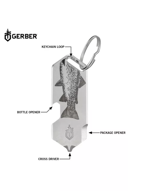 Gerber SHARD DT multifunkciós kulcstartóra rögzíthető szerszám, ezüst, hal mintával
