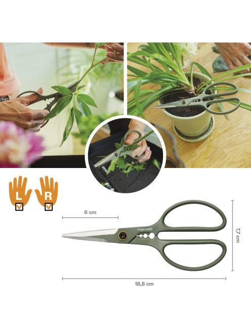 Fiskars Plant Care Növényápoló olló, tartóval, olivazöld színű