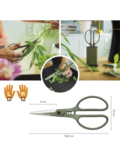 Fiskars Plant Care Növényápoló olló, tartóval, olivazöld színű