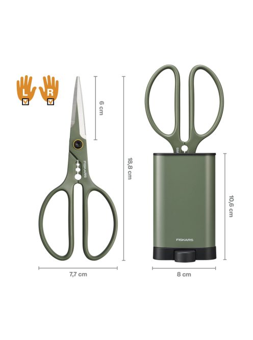 Fiskars Plant Care Növényápoló olló, tartóval, olivazöld színű