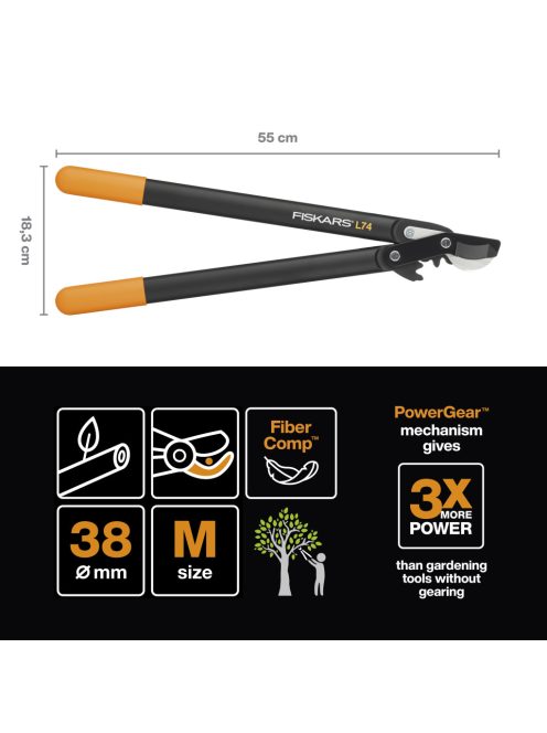 Fiskars PowerGear™ L74 ágvágó bypass, horgos M  (1000582)