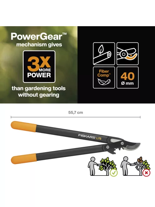 Fiskars PowerGear™ L76 ágvágó, bypass, hegyes M (1001553)