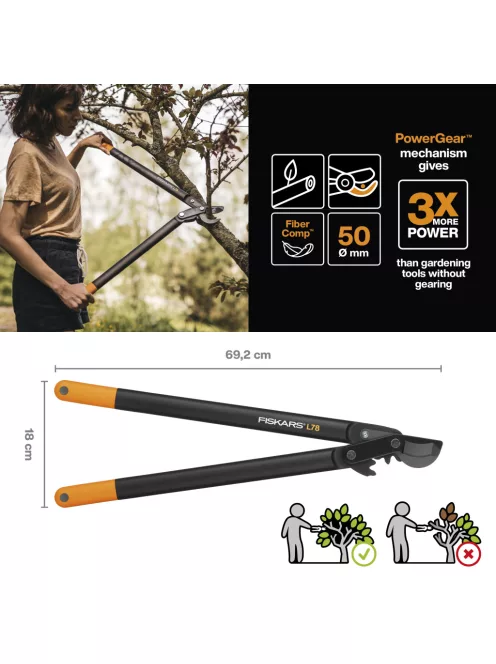 Fiskars PowerGear™ L78 ágvágó, bypass, horgos L (1000584)