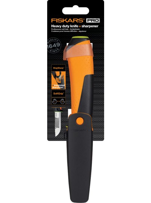 Fiskars Staysharp™ kés épületgépészeti munkákhoz, tokba épített élezővel (1023619)