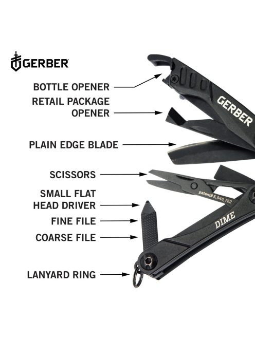 Gerber Dime kulcstartóra rögzíthető multiszerszám, fekete, dobozban GB (1027819) - 25 év garanciával