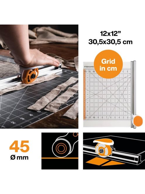 Fiskars Kombinált görgős vágó vonalzóval 12x12 45mm  (1016264)