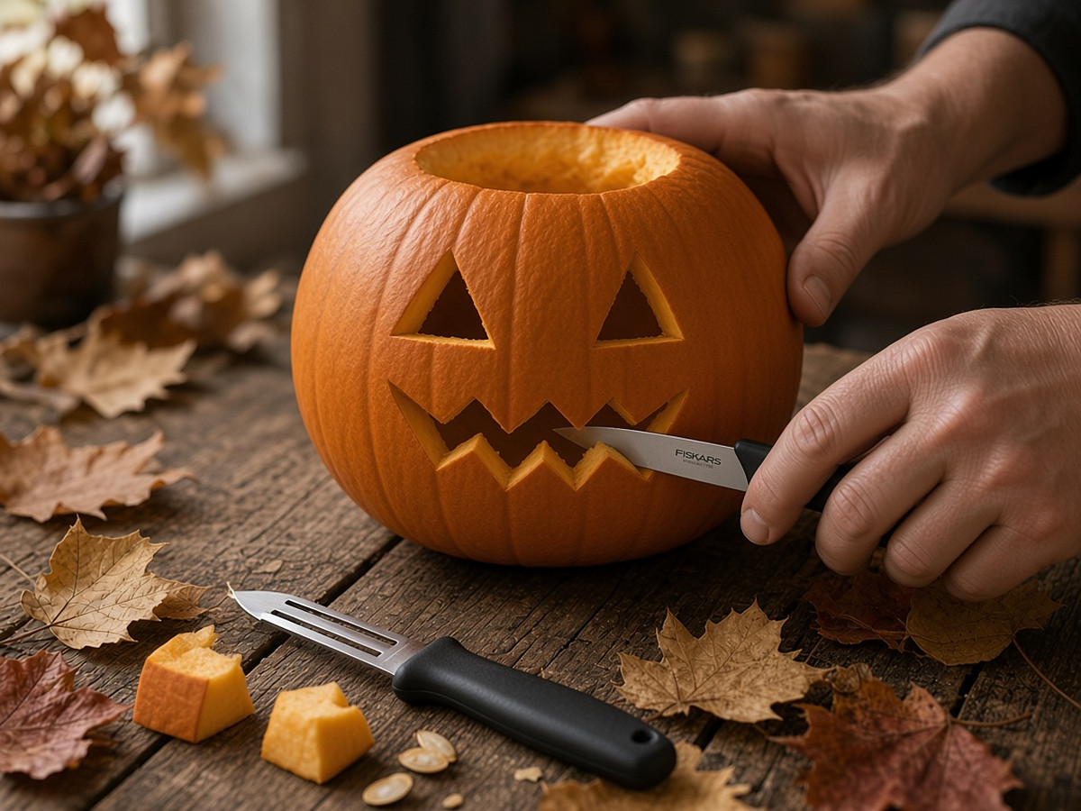 Fiskars Essential kis késsel kifaragják a tök száját, az asztalon egy Essential hámozó