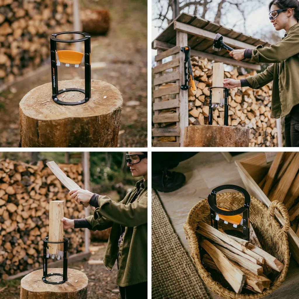 Fiskars X-series tüzifa hasító állvány egy tuskón: a hasáb az állványban, kalapáccsal ütve, mellette kosárban az elkészült gyújtós