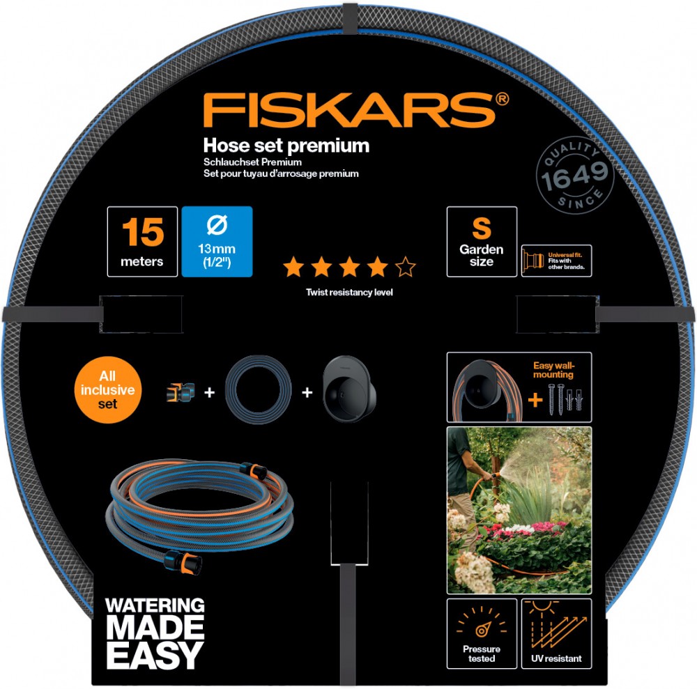Fiskars Comfort Locsoló tömlő szett 15m tömlő, tartóval, 2 db csatlakozóval (1027678)